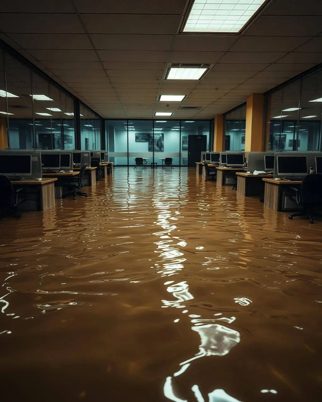 Flooded commercial office with desks and computers submerged in murky water